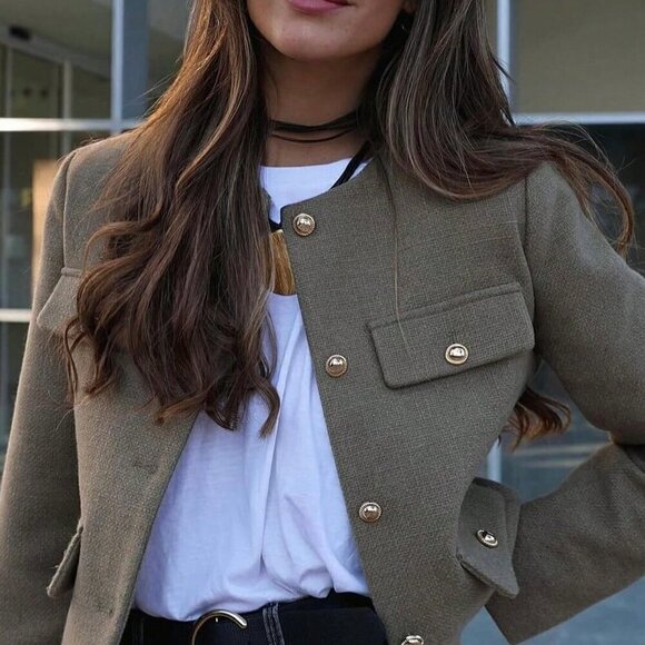 Khaki Casual Women's Tweed Jacket Round Neckline Decorated Long Sleeves Coat - Picture 3 of 8